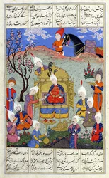 Ms D-184 fol.146a Sanansaattaja tuo uutisia Siavoshille hänen poikansa syntymästä, kuva "Shahnamasta" (Kuninkaiden kirja), kirjoittanut Abu